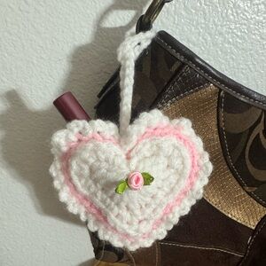 Crochet Heart Bag Pouch Charm with Pink and Green Accents